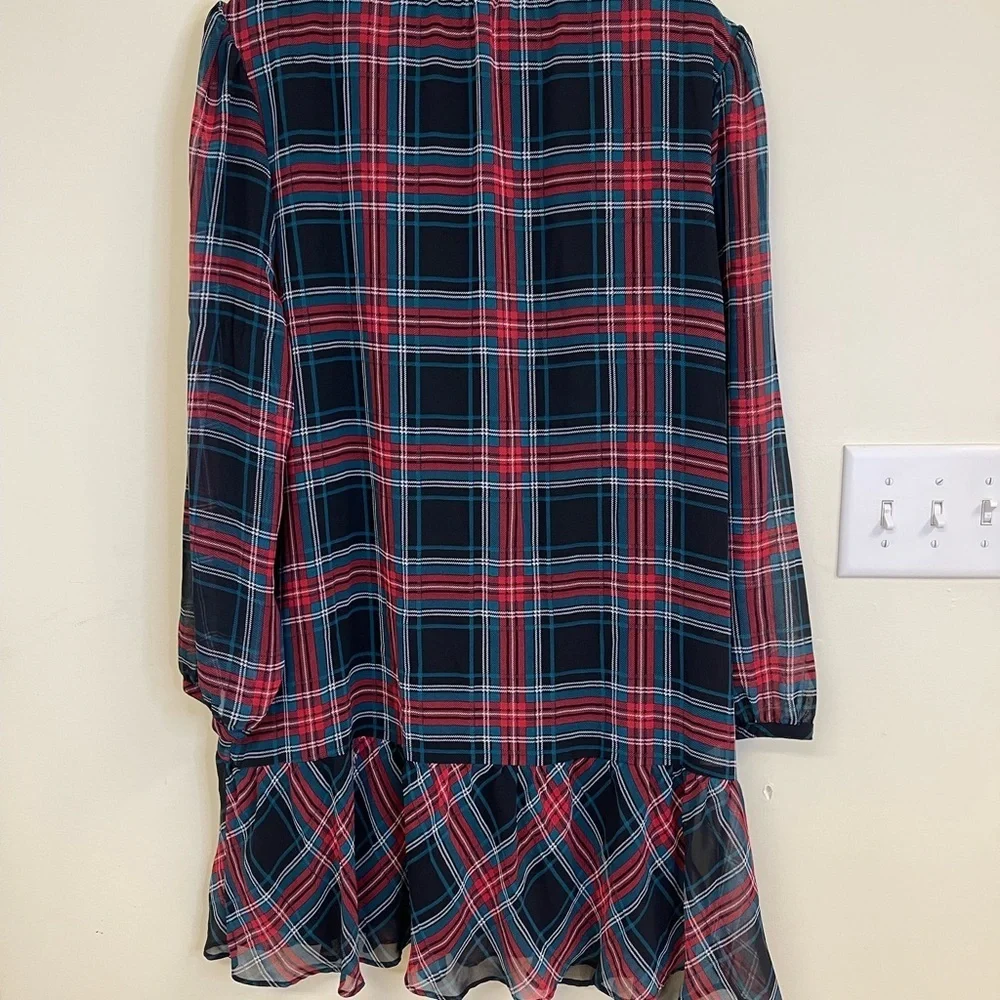 Draper James Plaid Drop Waist Dress XXL Red Blue Tie Neck Long Sleeve Lined
